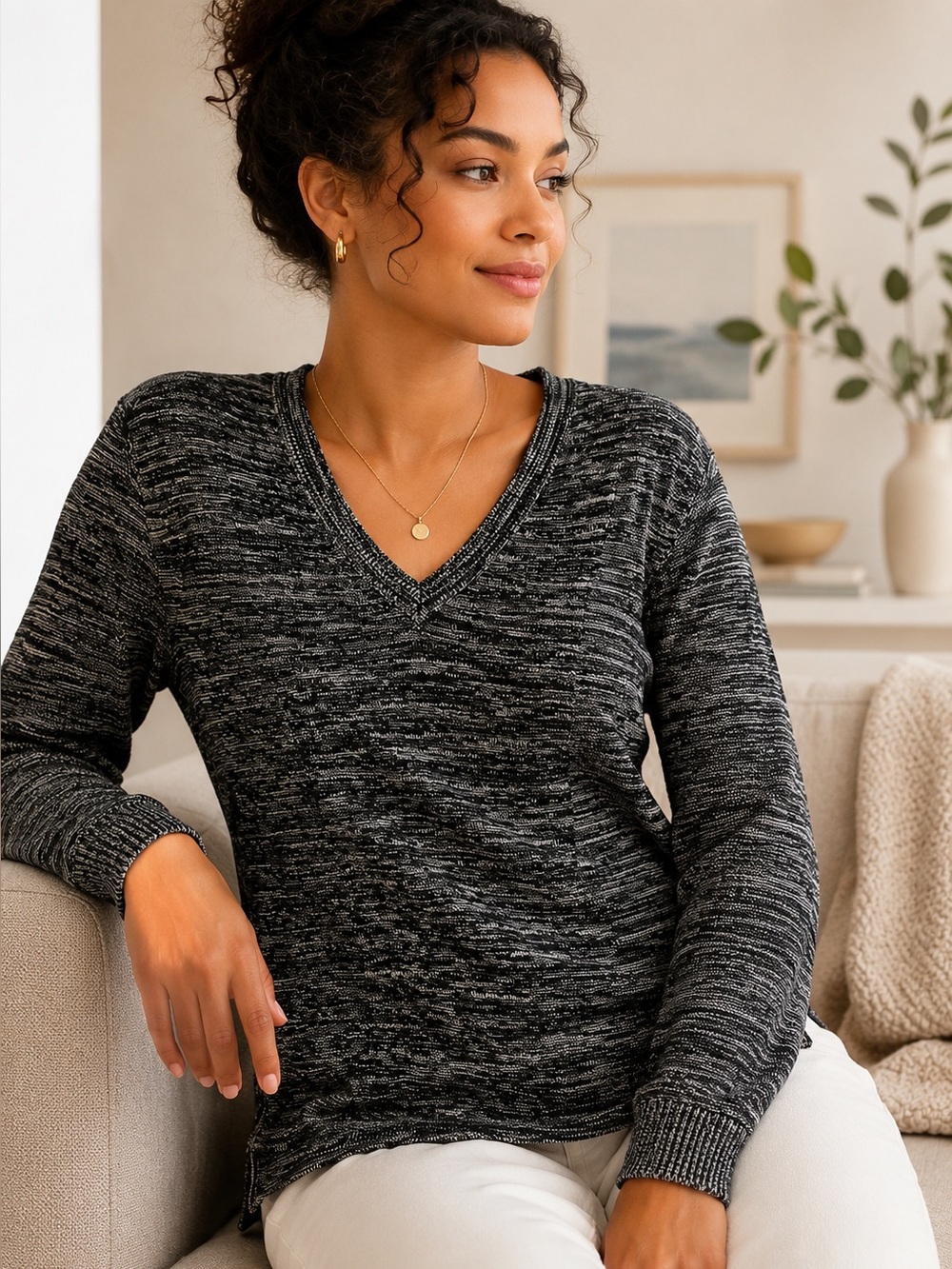 Ellen Tracy Black Gray Marled V Neck Knit Sweater Small